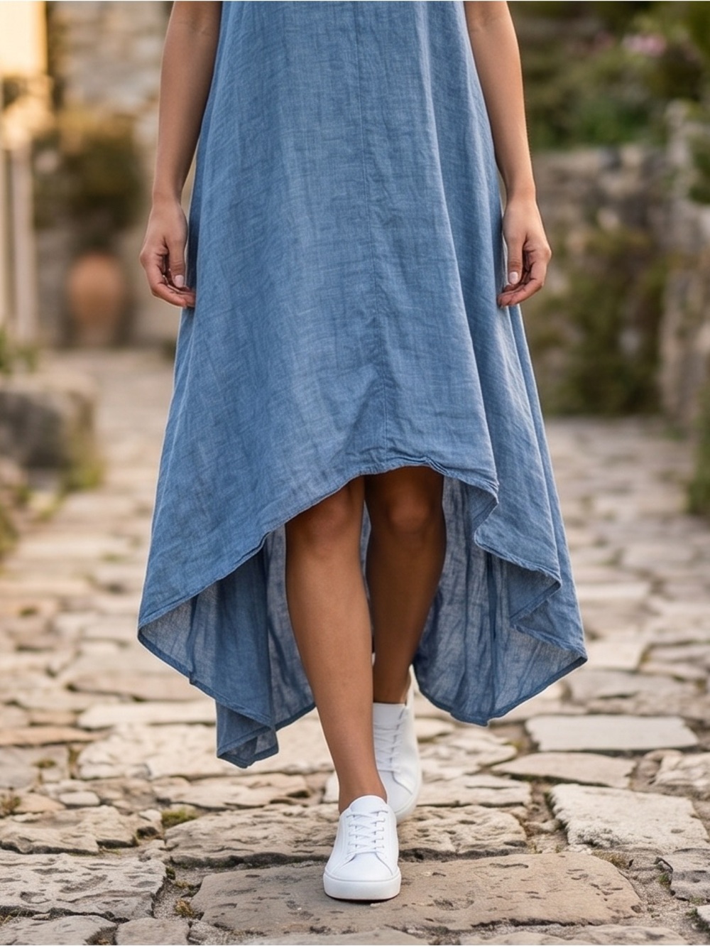 Premise Sleeveless Blue High-Low Linen Dress - Picture 6 of 9